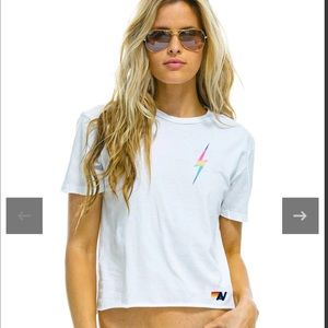 Aviator Nation WOMEN'S SMALL BOLT BOYFRIEND TEE - WHITE // RAINBOW PINK sz small